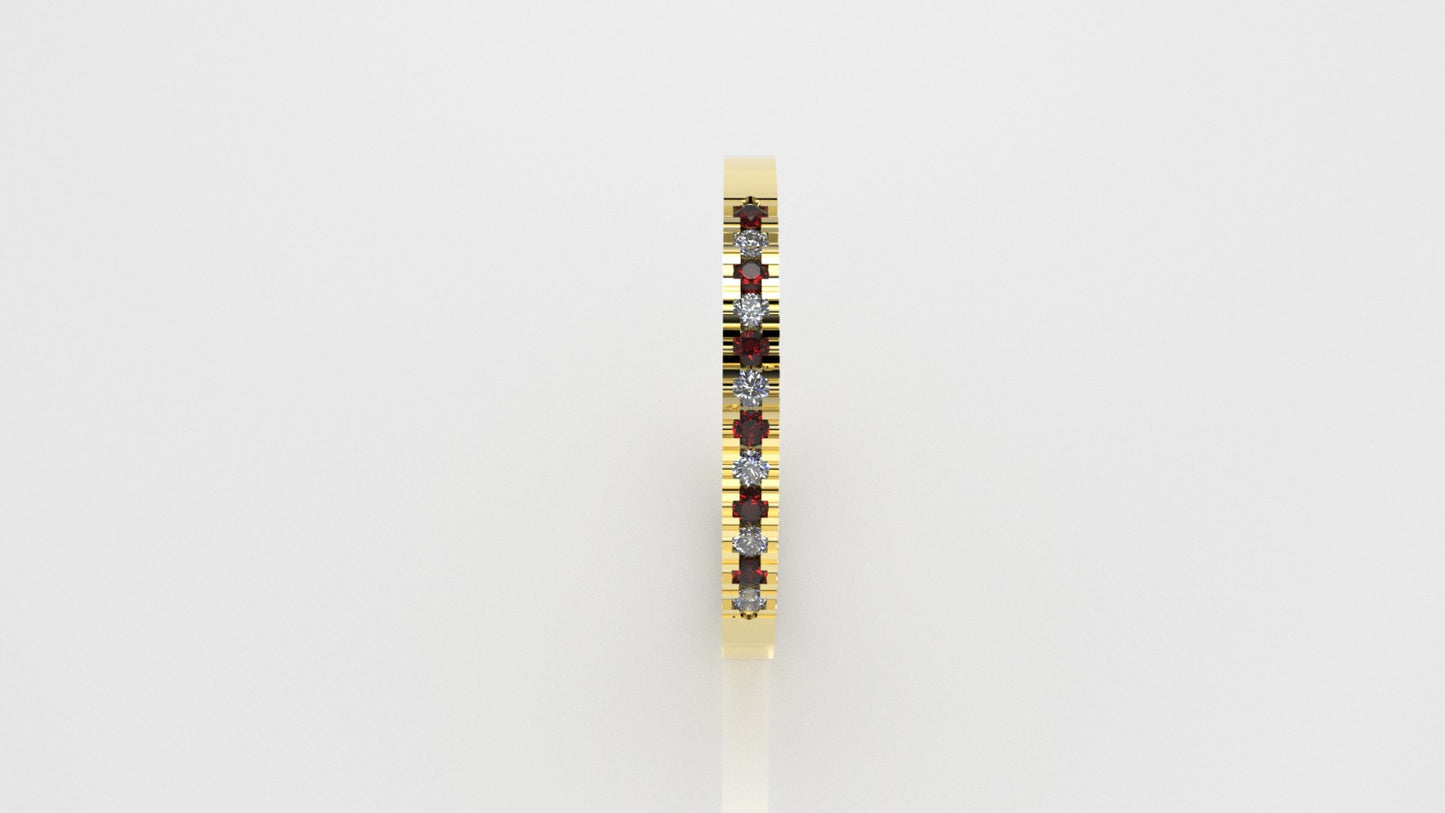 14K Ring with 6 RUBY 1.3mm each and 6 MOISSANITE 1.3mm VS1 each, cut split
