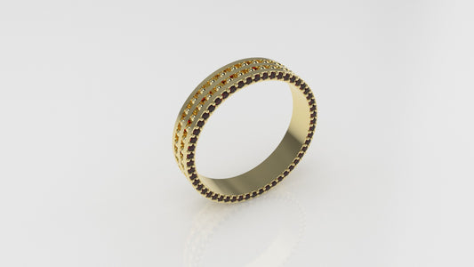 14K band Ring with 52 RUBY 1mm each, stt prong, cut chanel, Filigree