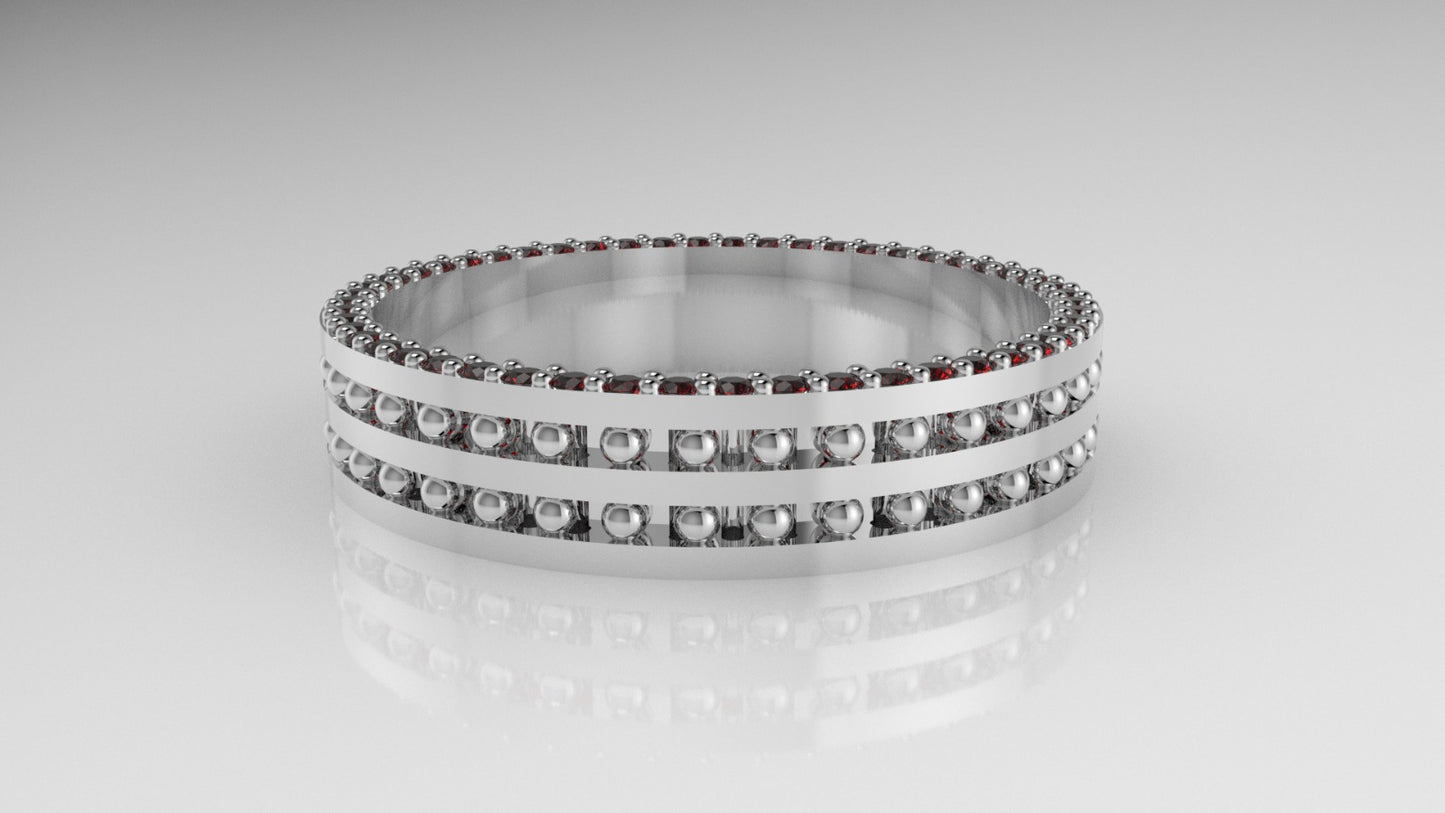14K band Ring with 52 RUBY 1mm each, stt prong, cut chanel, Filigree