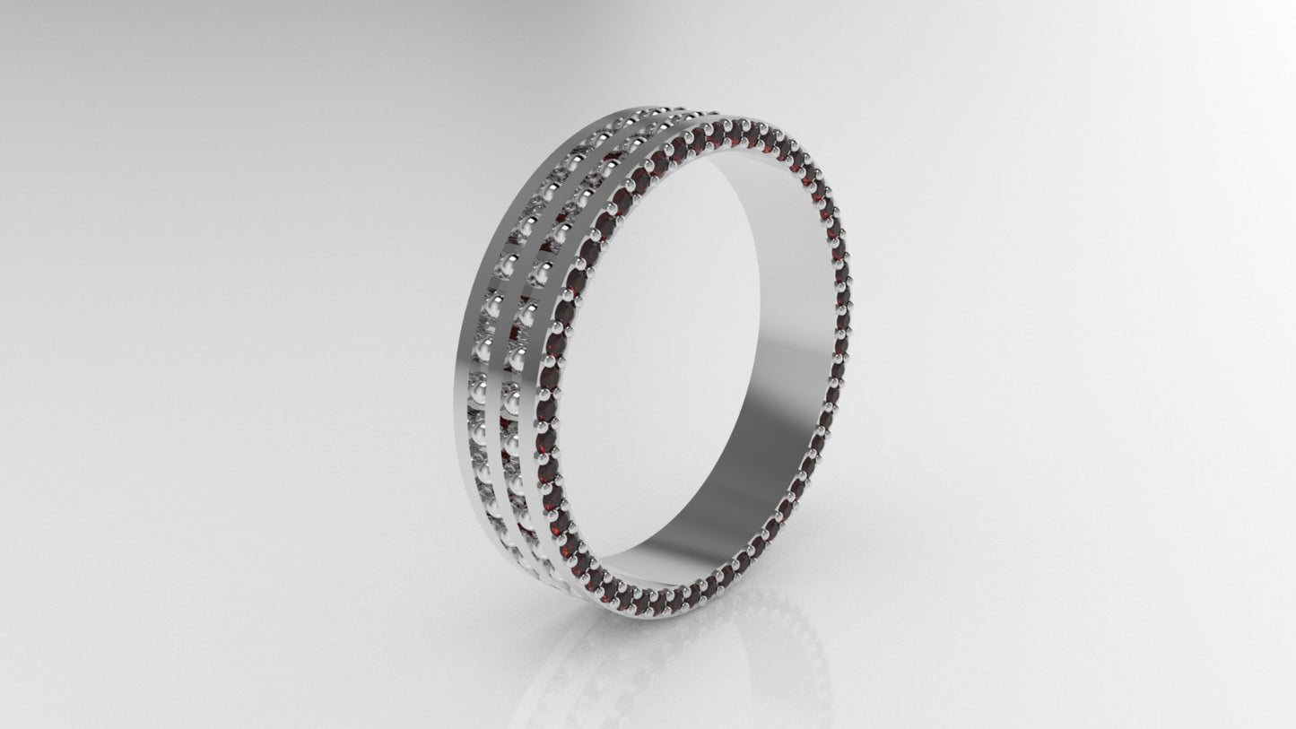 14K band Ring with 52 RUBY 1mm each, stt prong, cut chanel, Filigree