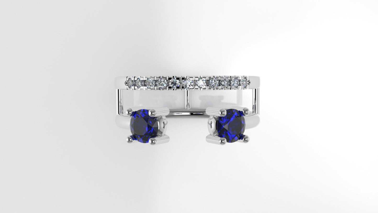 14K Ring with 2 BLUE SAPPHIRE 4.00mm and 11 MOISSANITE 1.3mm VS1, "Cut Split"