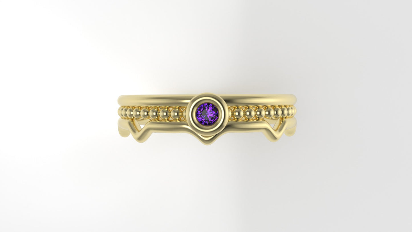 14K solitaire Ring with 1 AMETHYST 2.00mm, band with point, miligrane, stt bezel