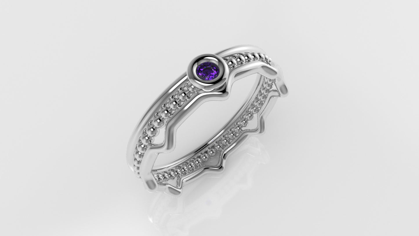 14K solitaire Ring with 1 AMETHYST 2.00mm, band with point, miligrane, stt bezel
