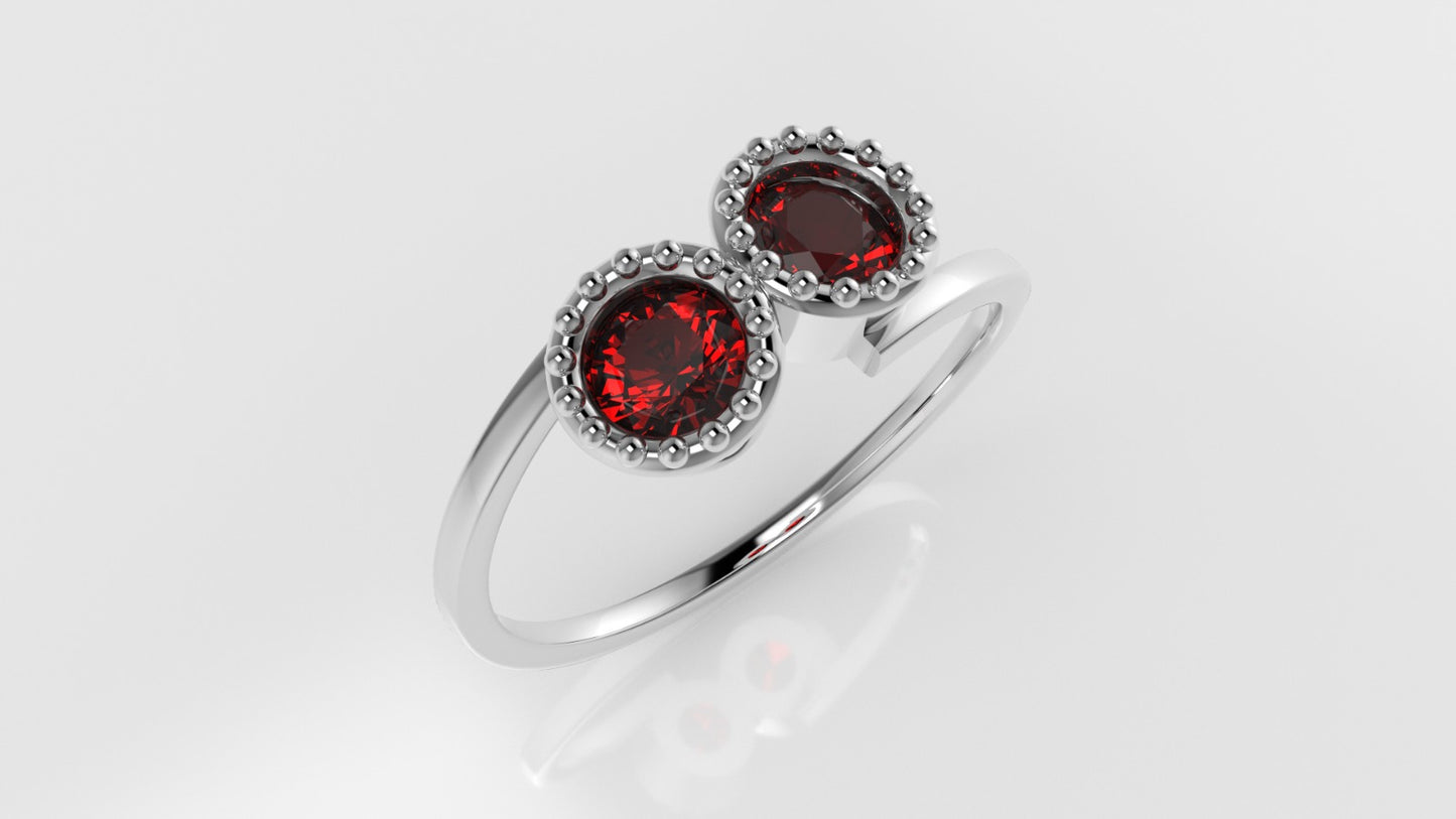 14K band Ring with 2 RUBY 4mm, stt bezel with Filigree