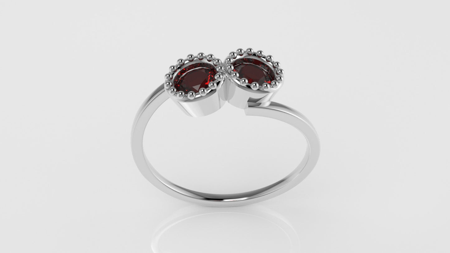 14K band Ring with 2 RUBY 4mm, stt bezel with Filigree