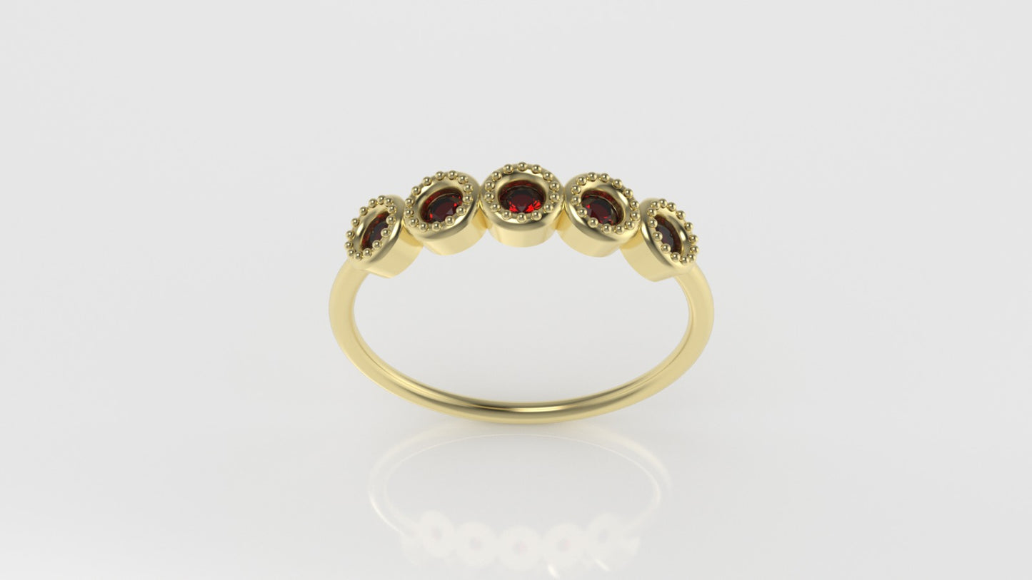 14K yellow gold Ring with 5 RUBY 2mm, setting bezel, Filigree