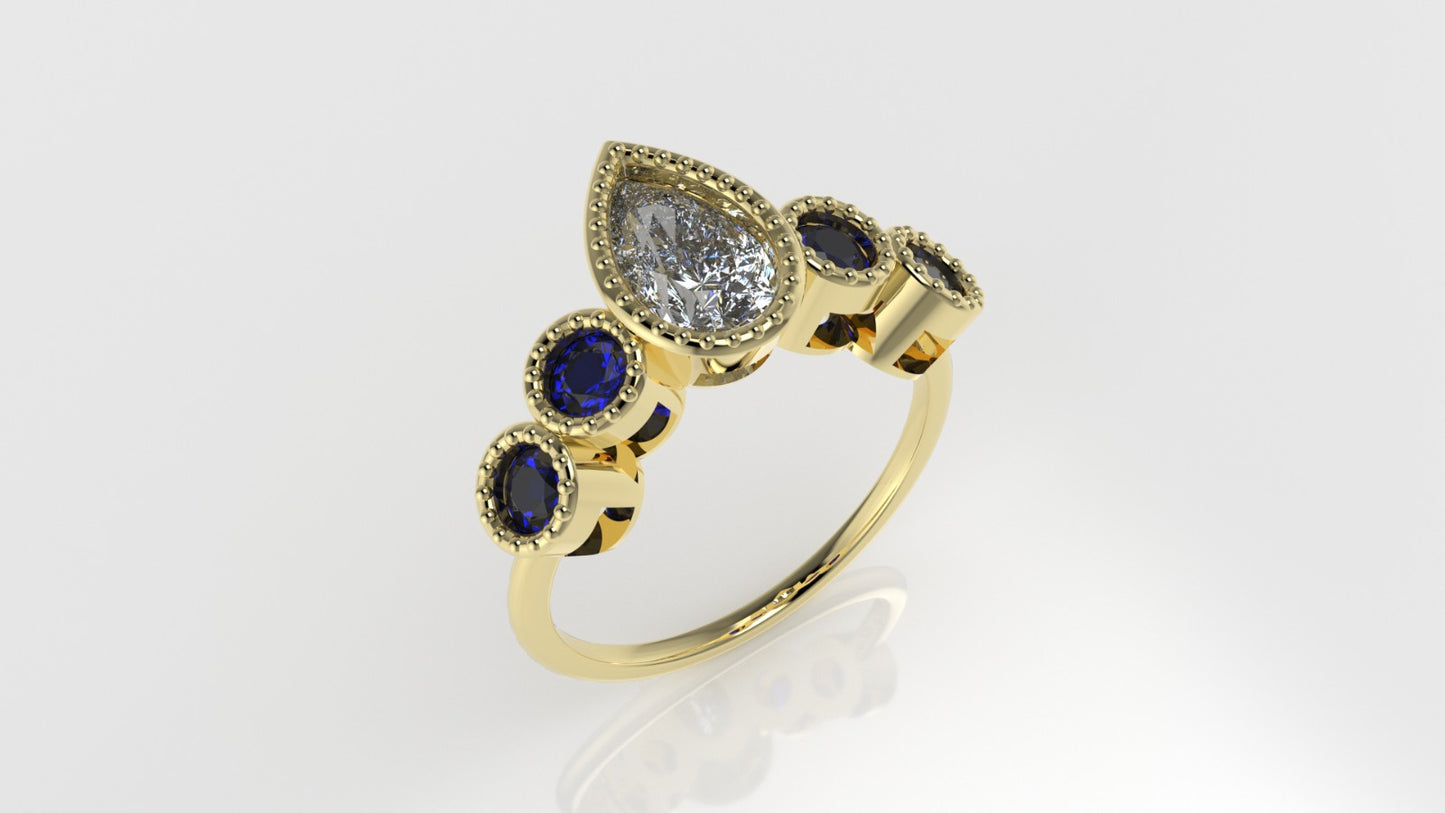 14K Yellow Gold Ring with 1 MOISSANITE PEAR and 4 SAPPHIRE, "setting bezel with Filigree"