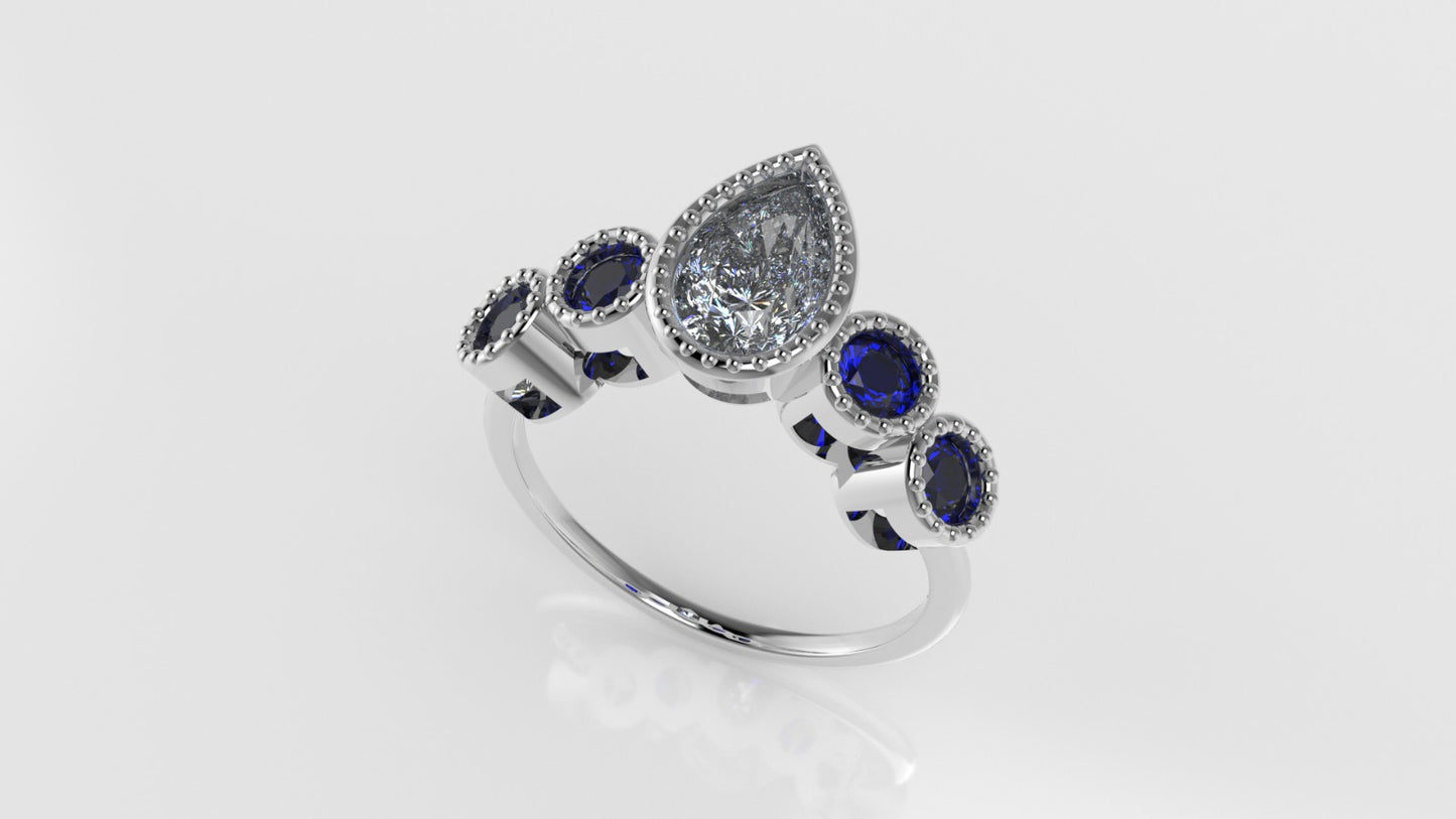 14K Yellow Gold Ring with 1 MOISSANITE PEAR and 4 SAPPHIRE, "setting bezel with Filigree"