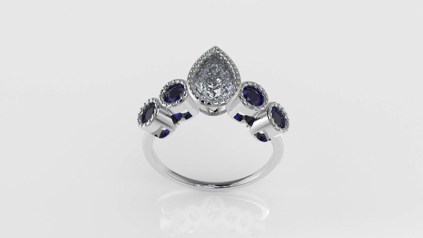 14K Yellow Gold Ring with 1 MOISSANITE PEAR and 4 SAPPHIRE, "setting bezel with Filigree"