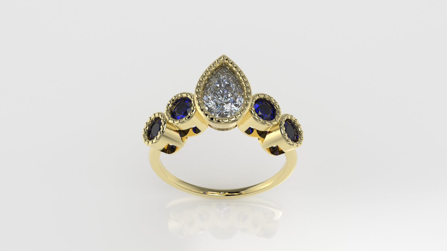 14K Yellow Gold Ring with 1 MOISSANITE PEAR and 4 SAPPHIRE, "setting bezel with Filigree"
