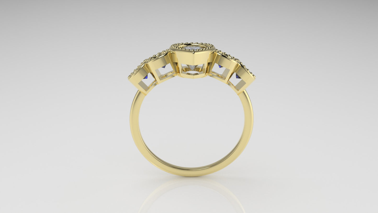 14K Yellow Gold Ring with 1 MOISSANITE PEAR and 4 SAPPHIRE, "setting bezel with Filigree"
