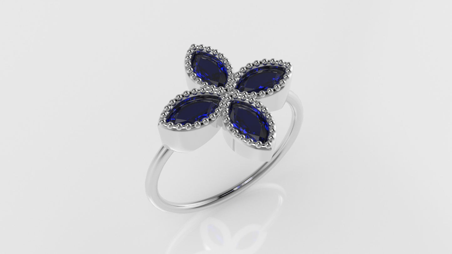 14K gold Ring with 4 MARQUISE SAPPHIRE, stt bezel with Filigree