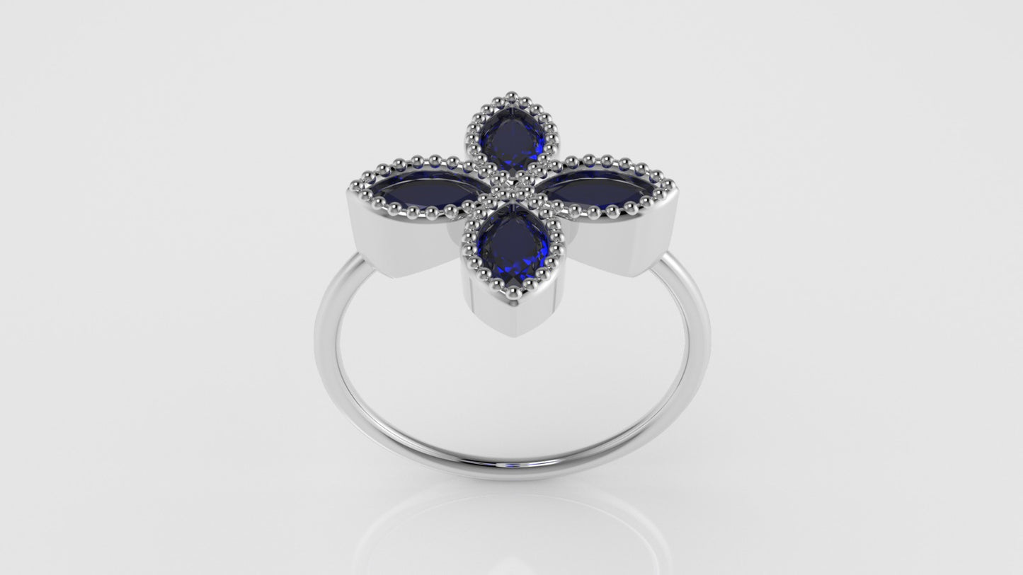 14K gold Ring with 4 MARQUISE SAPPHIRE, stt bezel with Filigree