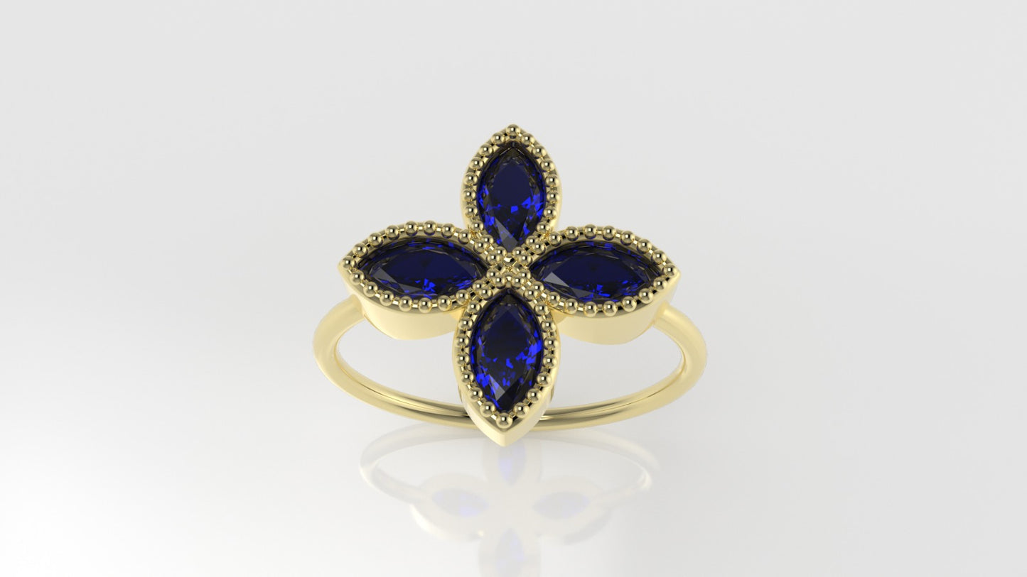 14K gold Ring with 4 MARQUISE SAPPHIRE, stt bezel with Filigree