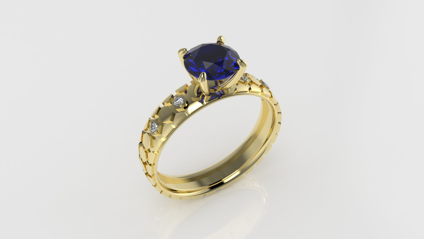 14K Solitaire Engagement Ring with 1 SAPPHIRE and 4 DIAMONDS VS1, "Rim Shape with stt prong"