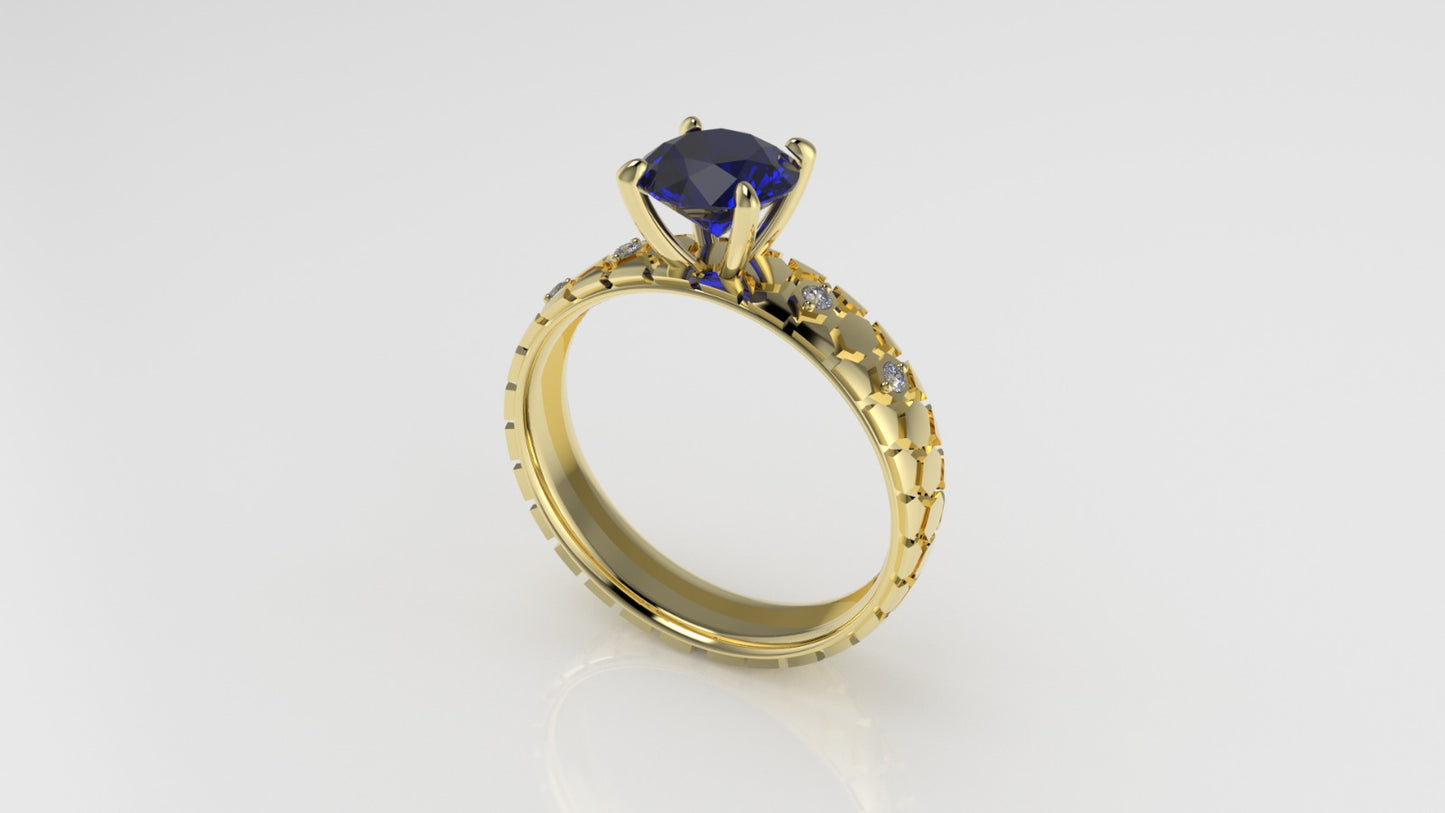 14K Solitaire Engagement Ring with 1 SAPPHIRE and 4 DIAMONDS VS1, "Rim Shape with stt prong"