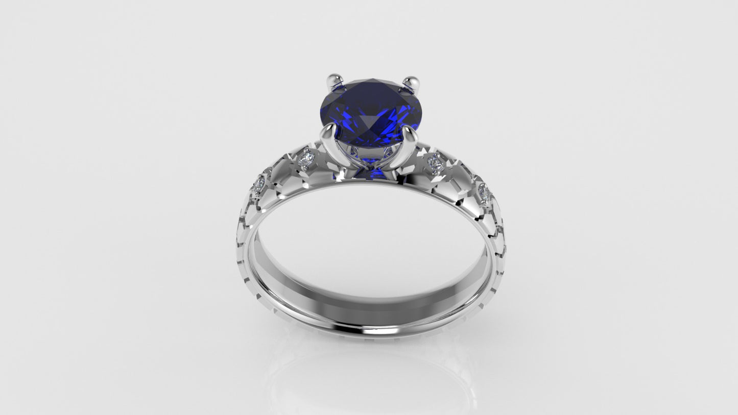 14K Solitaire Engagement Ring with 1 SAPPHIRE and 4 DIAMONDS VS1, "Rim Shape with stt prong"