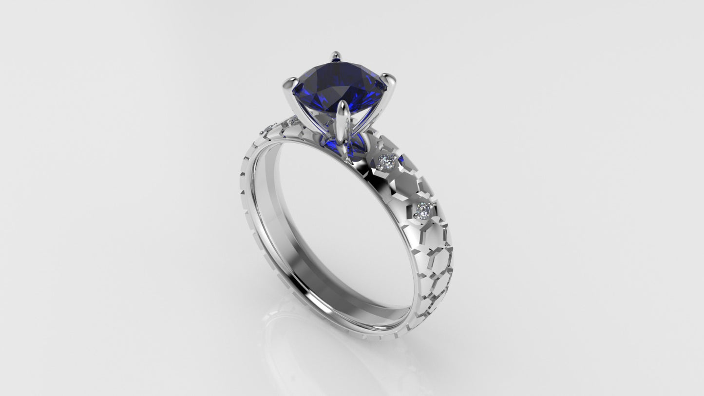14K Solitaire Engagement Ring with 1 SAPPHIRE and 4 DIAMONDS VS1, "Rim Shape with stt prong"