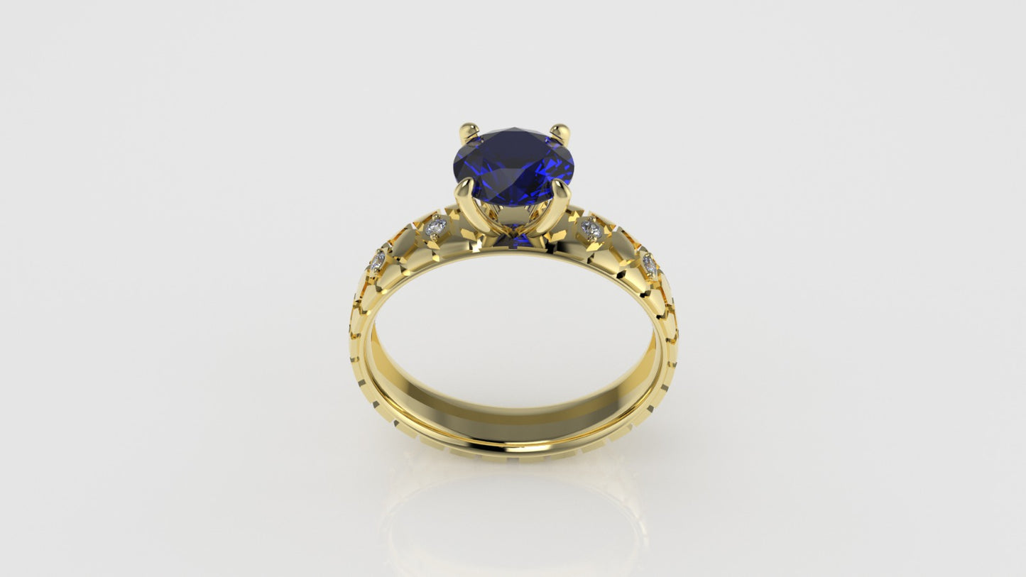 14K Solitaire Engagement Ring with 1 SAPPHIRE and 4 DIAMONDS VS1, "Rim Shape with stt prong"