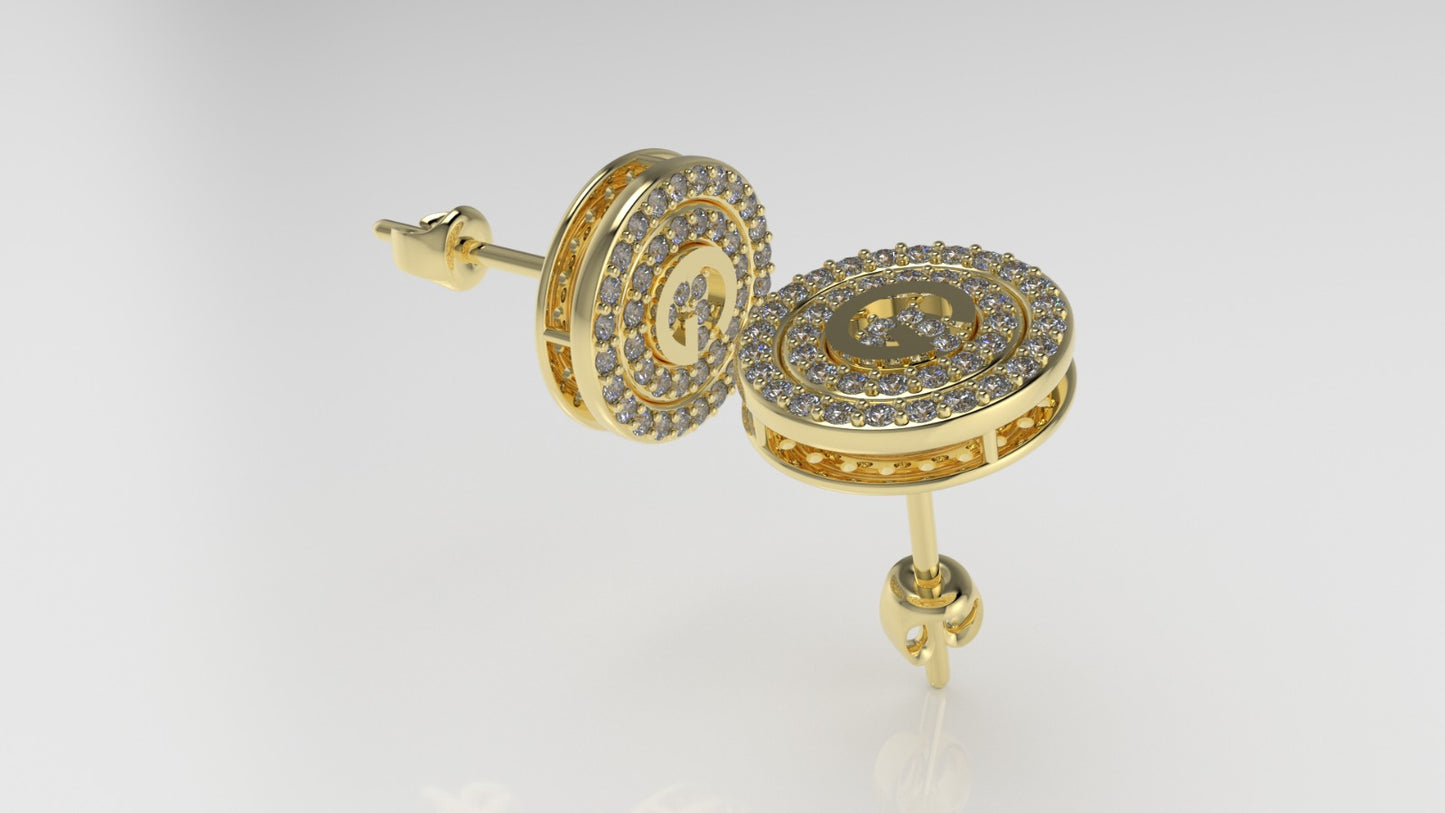 Yellow Gold Earrings with 90 DIAMONDS VS1, "Stt: Prongs" "double circles" "letter G"