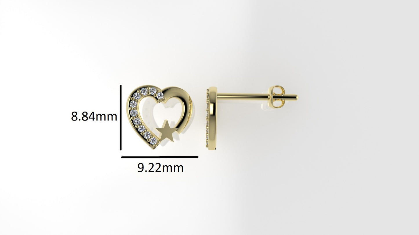 Push Back Gold Earrings with 20 DIAMONDS VS1, "Hearts and Stars" "Stt: Prongs"