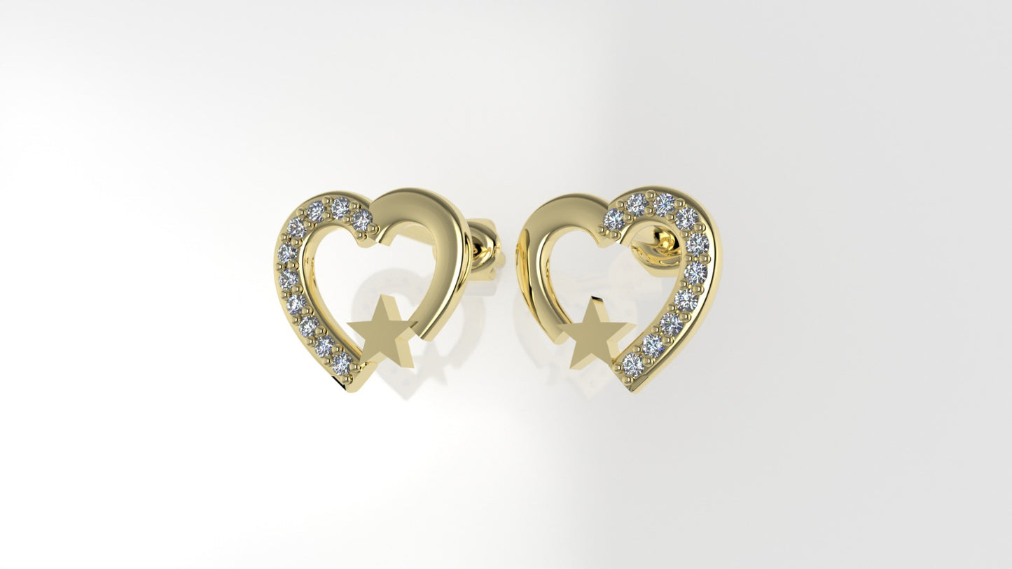Push Back Gold Earrings with 20 DIAMONDS VS1, "Hearts and Stars" "Stt: Prongs"