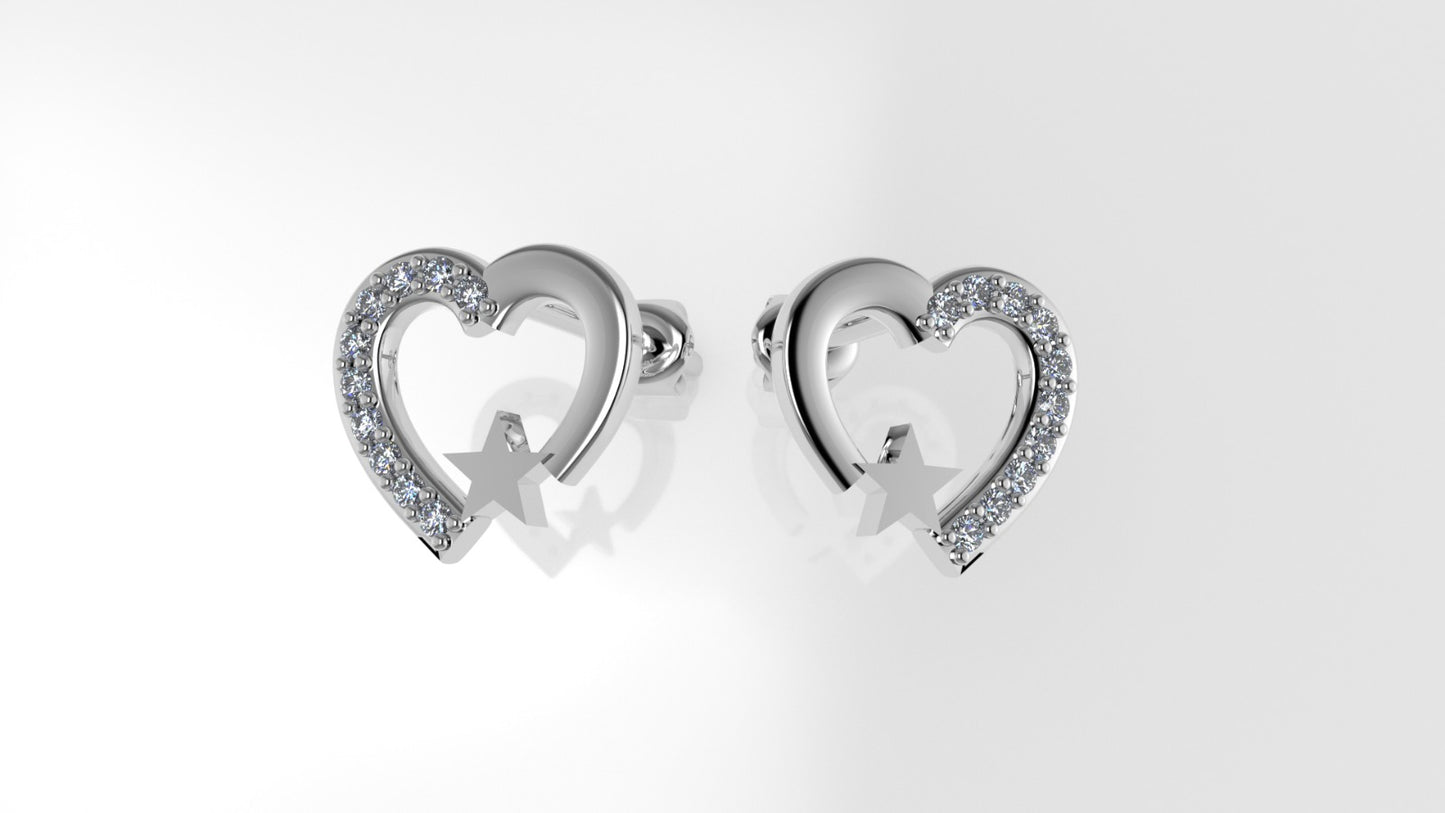 Push Back Gold Earrings with 20 DIAMONDS VS1, "Hearts and Stars" "Stt: Prongs"