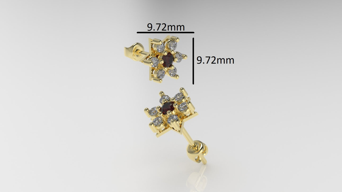 14k Push Back Earrings with 12 DIAMONDS 2mm VS1 each and 2 RUBY 3mm each, " Stt: Prongs"