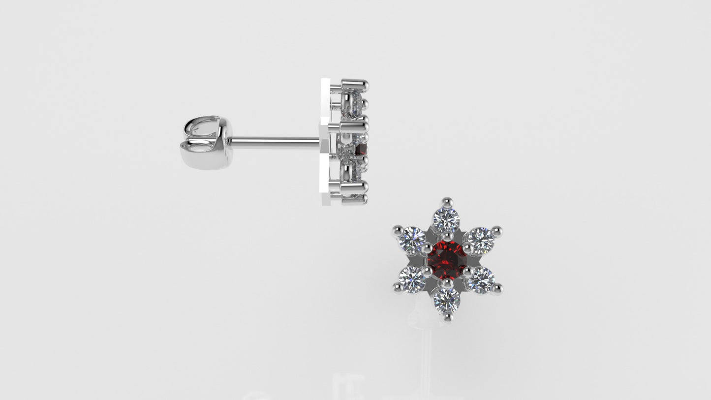 14k Push Back Earrings with 12 DIAMONDS 2mm VS1 each and 2 RUBY 3mm each, " Stt: Prongs"