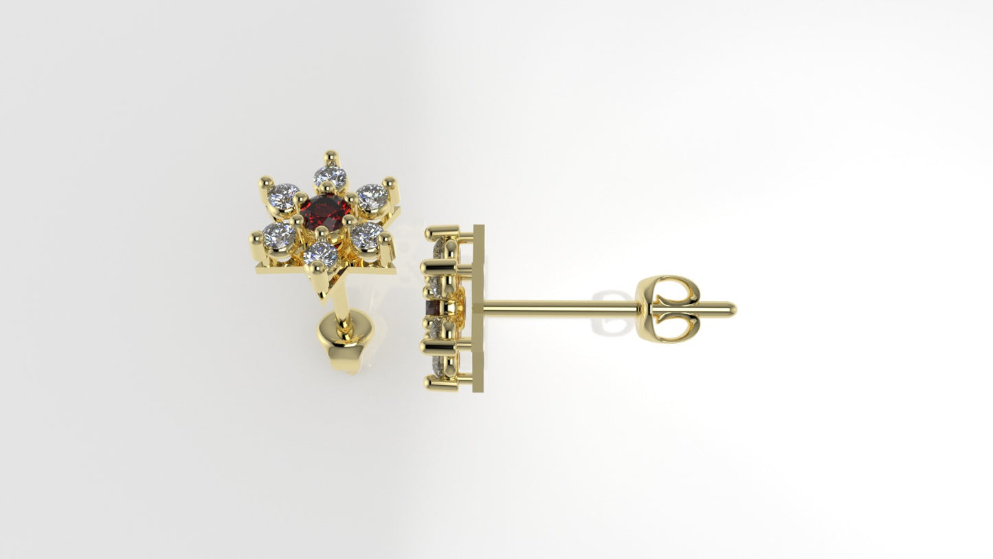 14k Push Back Earrings with 12 DIAMONDS 2mm VS1 each and 2 RUBY 3mm each, " Stt: Prongs"