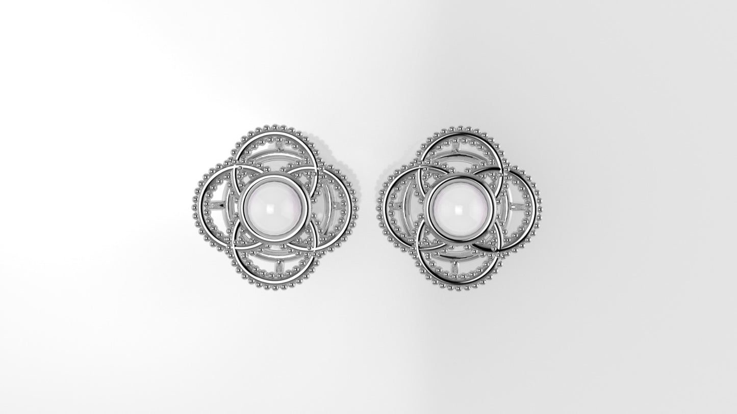 Push Back Earrings with 2 PEARL 4mm each, "Filigree"