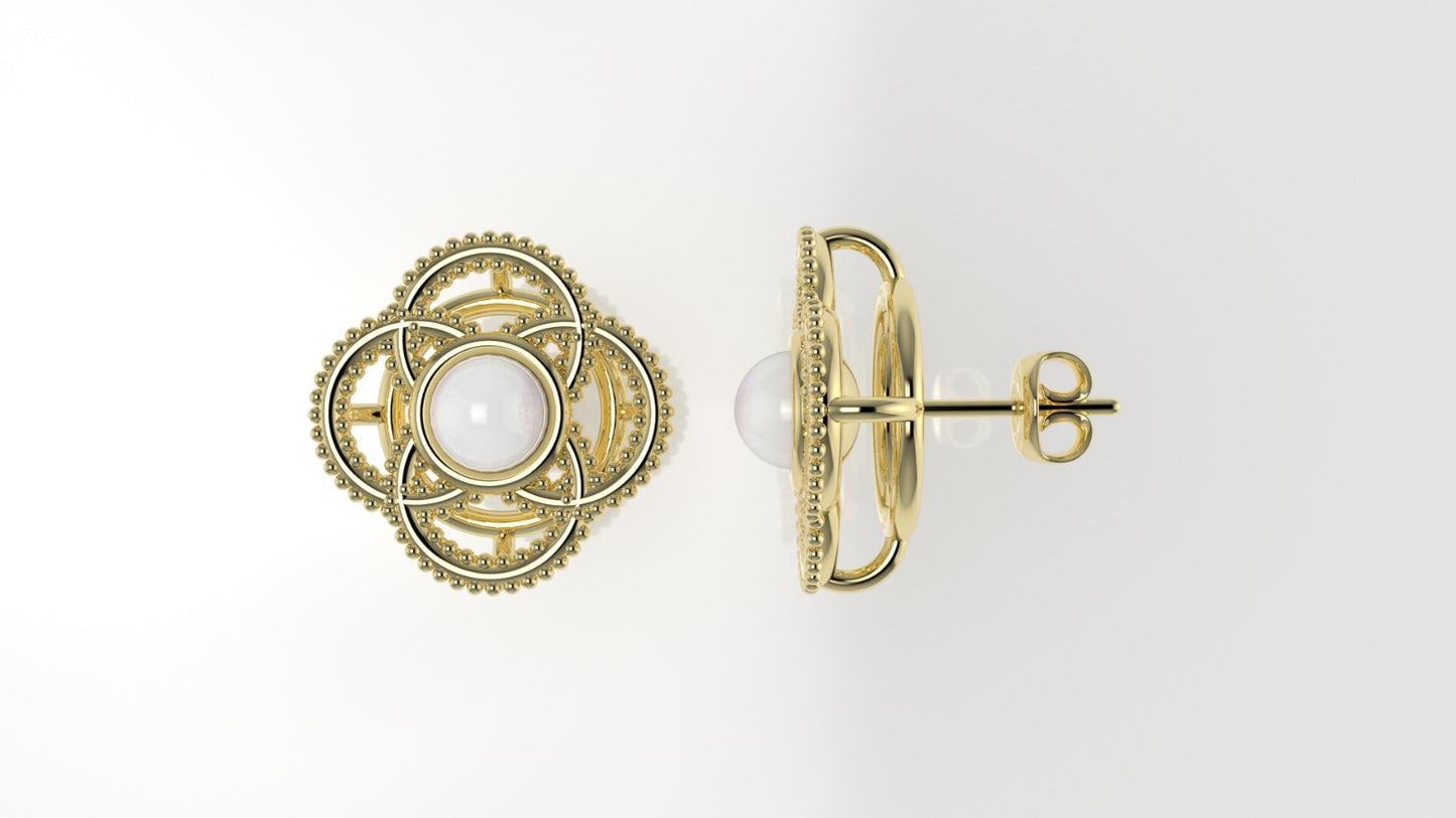 Push Back Earrings with 2 PEARL 4mm each, "Filigree"
