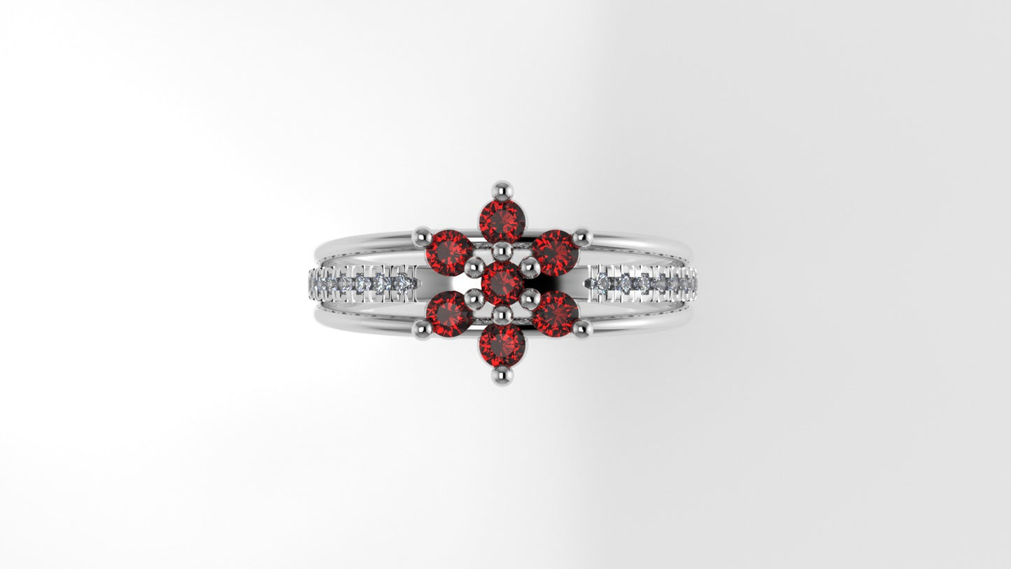 14K yellow gold band Ring with 7 RUBY and 18 DIAMONDS VS1, "FLOWER STYLE", "Cut Split"