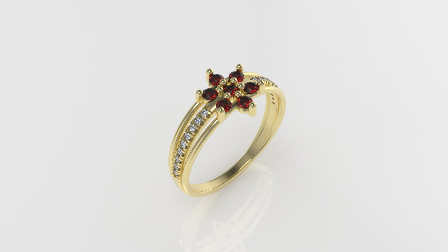 14K yellow gold band Ring with 7 RUBY and 18 DIAMONDS VS1, "FLOWER STYLE", "Cut Split"
