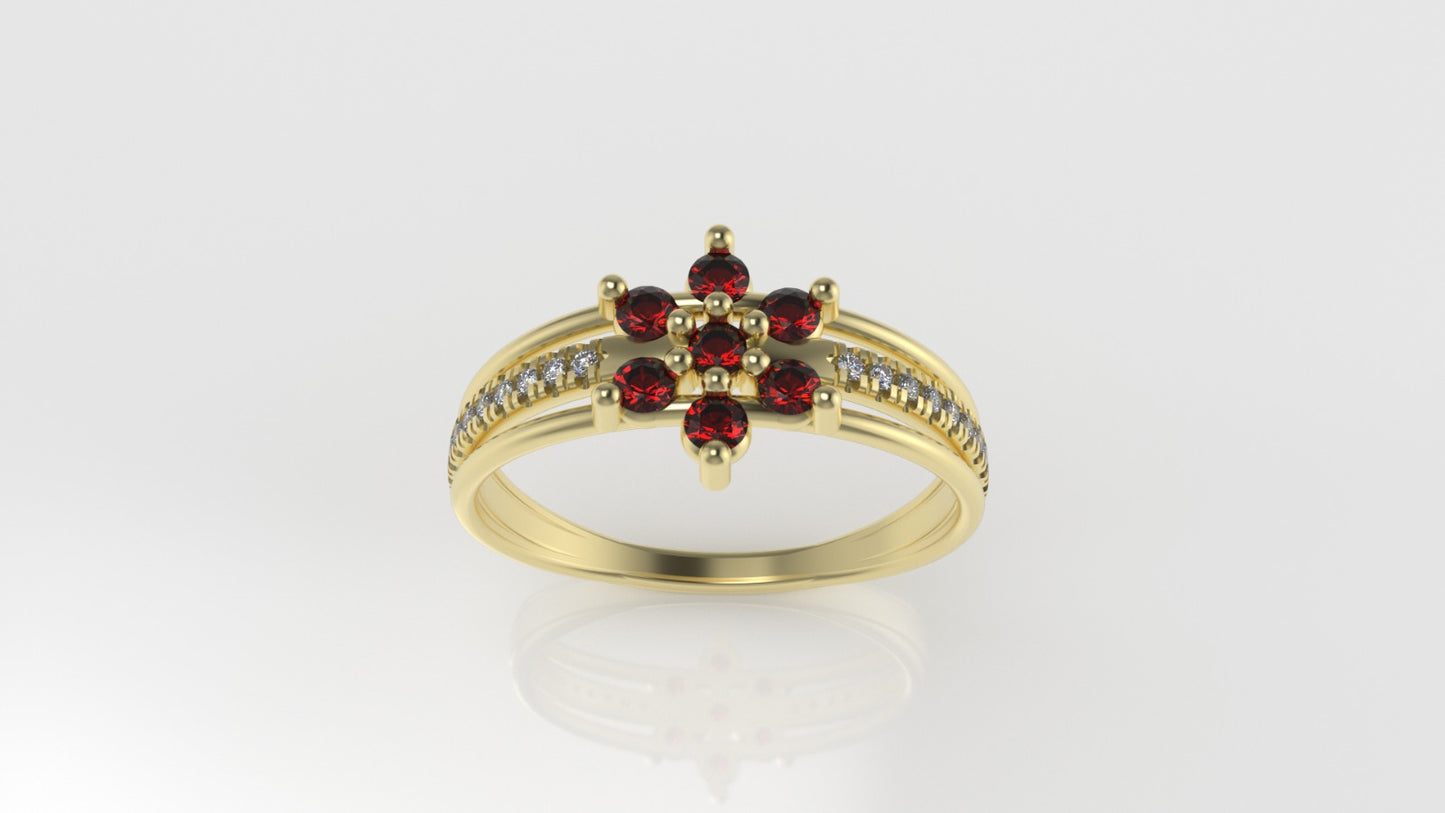 14K yellow gold band Ring with 7 RUBY and 18 DIAMONDS VS1, "FLOWER STYLE", "Cut Split"