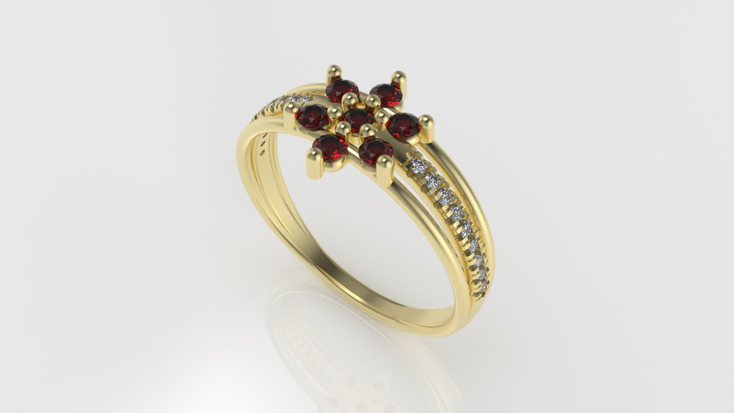 14K yellow gold band Ring with 7 RUBY and 18 DIAMONDS VS1, "FLOWER STYLE", "Cut Split"