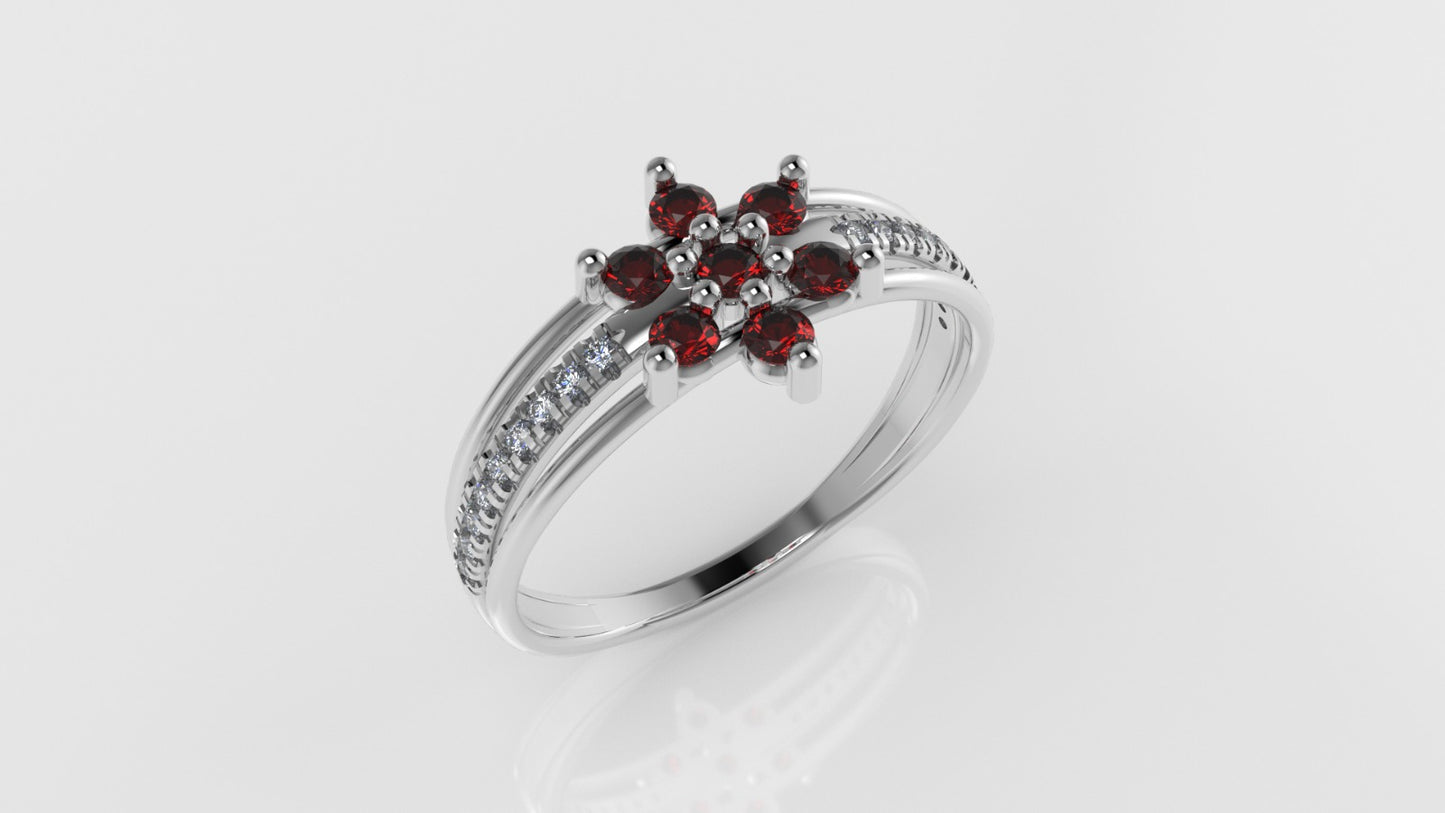 14K yellow gold band Ring with 7 RUBY and 18 DIAMONDS VS1, "FLOWER STYLE", "Cut Split"