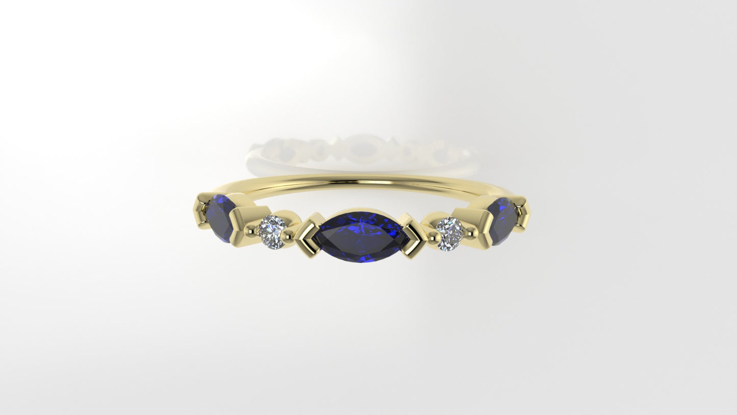14K Gold Ring with 3 MARQUISE SAPPHIRE and 2 DIAMONDS VS1, it is for daily use for any occasion