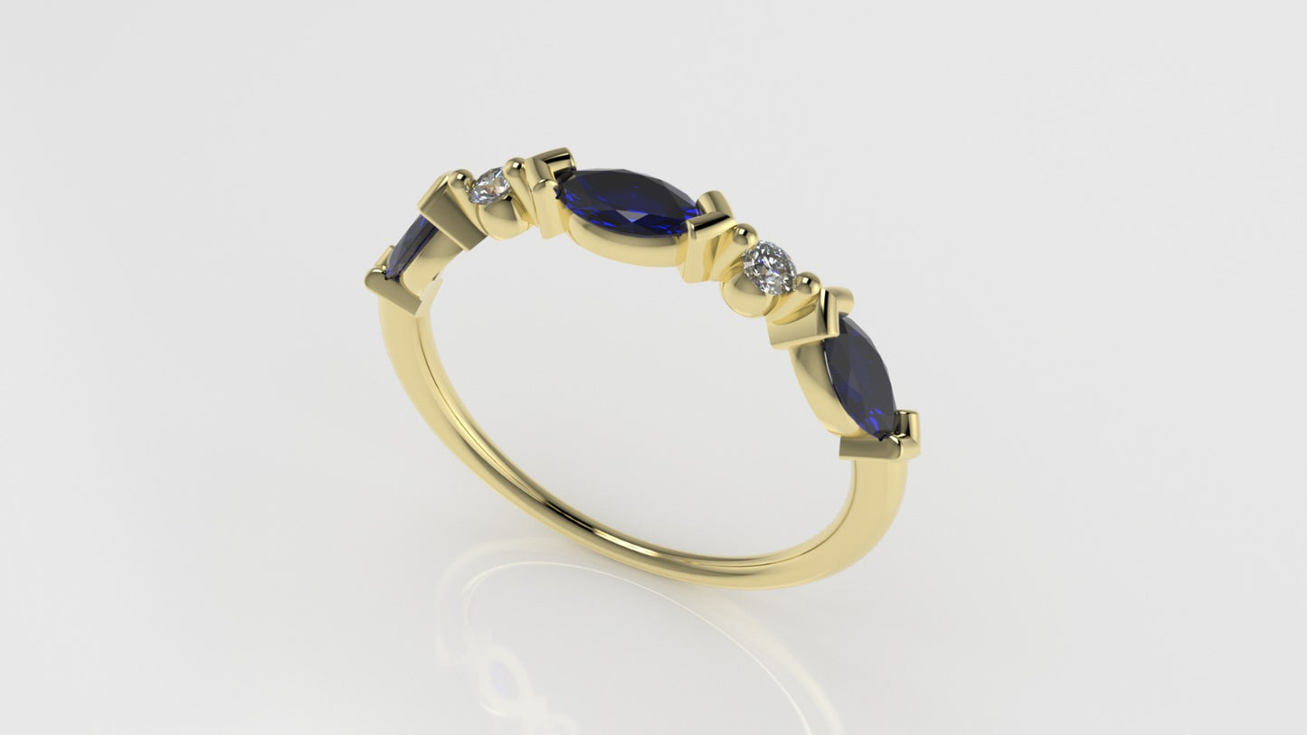 14K Gold Ring with 3 MARQUISE SAPPHIRE and 2 DIAMONDS VS1, it is for daily use for any occasion