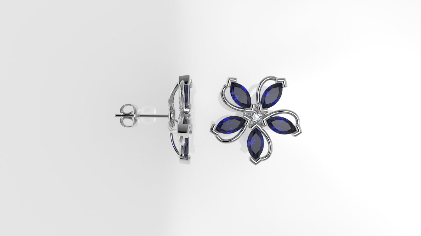 14k Yellow Gold Earrings with 2 DIAMONDS 2.00mm VS1 each and 10 MARQUISE SAPPHIRE, "Stt Prong" "Flower with 5 petals"