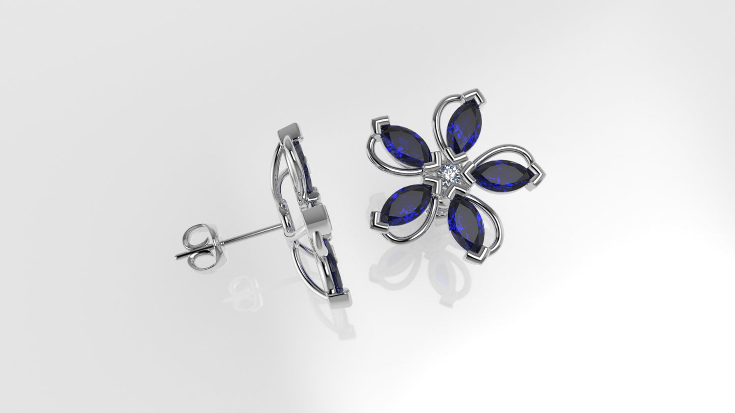 14k Yellow Gold Earrings with 2 DIAMONDS 2.00mm VS1 each and 10 MARQUISE SAPPHIRE, "Stt Prong" "Flower with 5 petals"