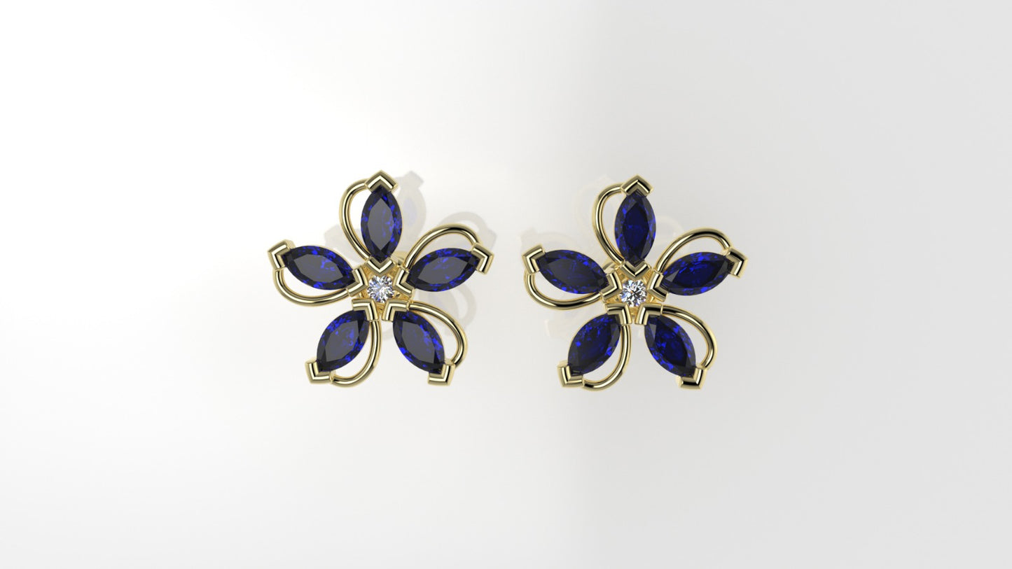 14k Yellow Gold Earrings with 2 DIAMONDS 2.00mm VS1 each and 10 MARQUISE SAPPHIRE, "Stt Prong" "Flower with 5 petals"