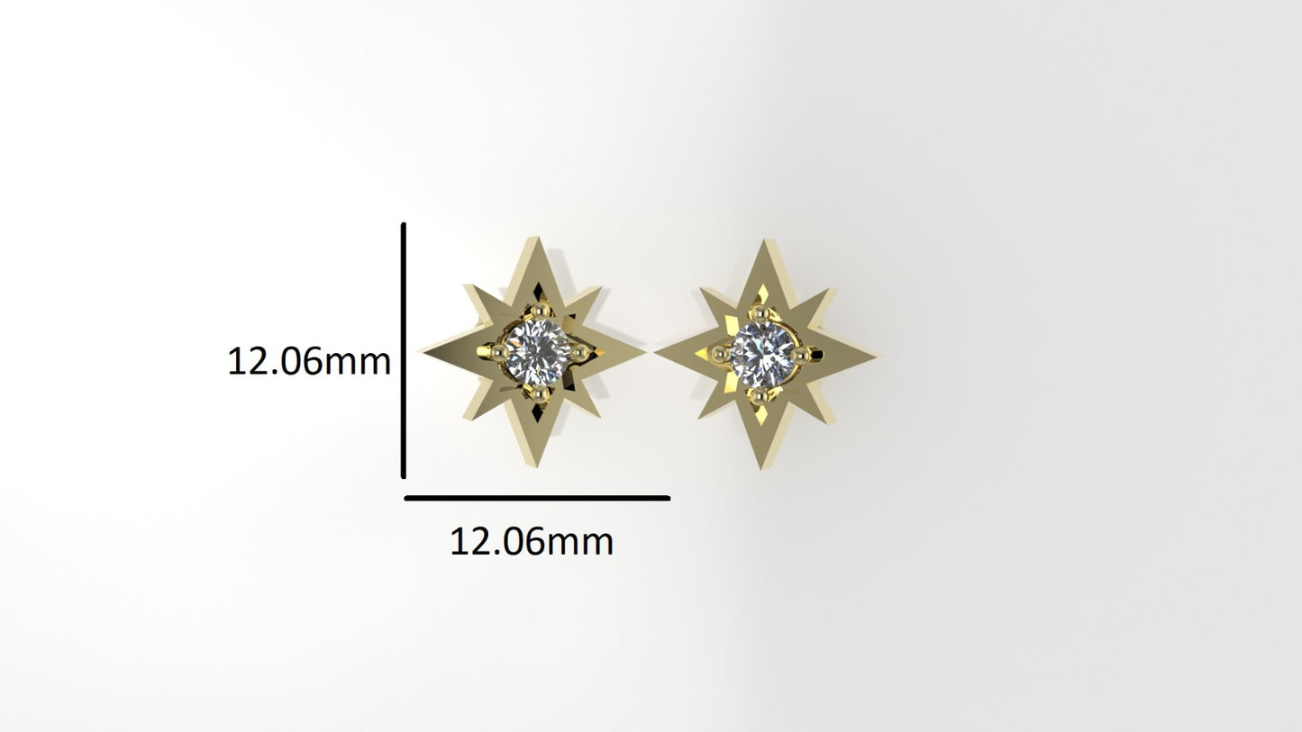 14K Push Back Earrings with 2 DIAMONDS 6.5mm VS1 each, "star" "stt: 4 prongs"