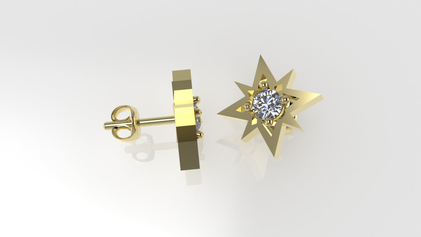 14K Push Back Earrings with 2 DIAMONDS 6.5mm VS1 each, "star" "stt: 4 prongs"