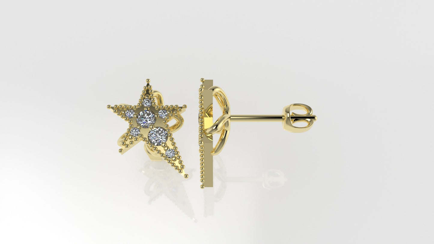 14k Yellow Gold Earrings with 14 DIAMONDS VS1, "STT: Prong" "FILIGREE" "STAR"