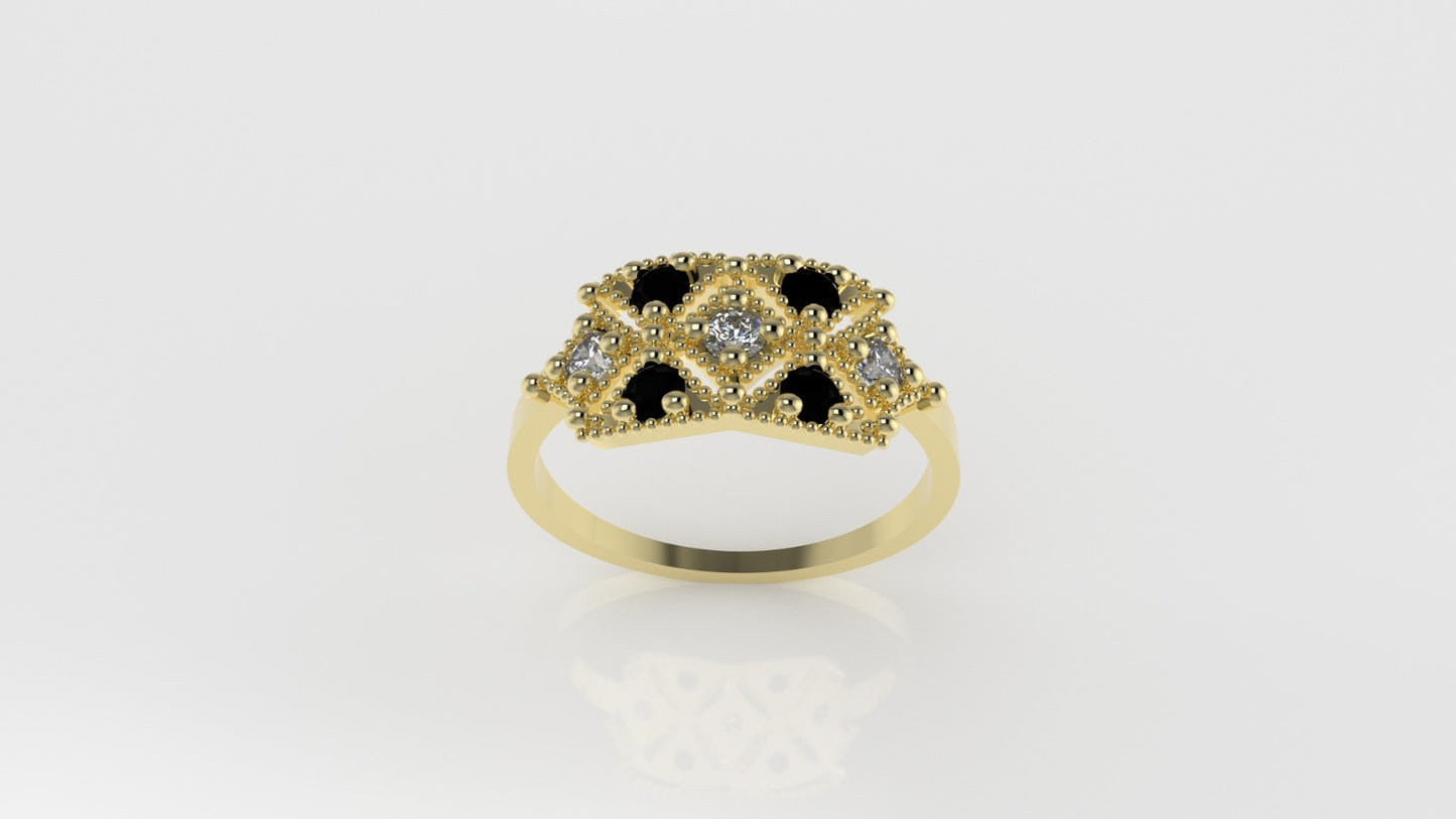 14K Ring with 4 BLACK DIAMONDS, 3 DIAMONDS, "Stt Prong" "FILIGREE"
