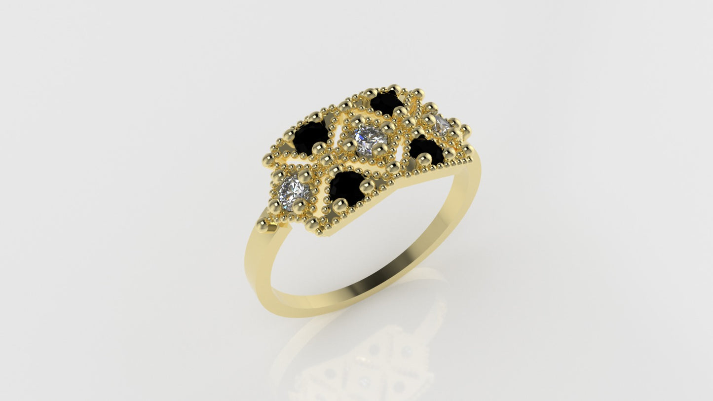 14K Ring with 4 BLACK DIAMONDS, 3 DIAMONDS, "Stt Prong" "FILIGREE"