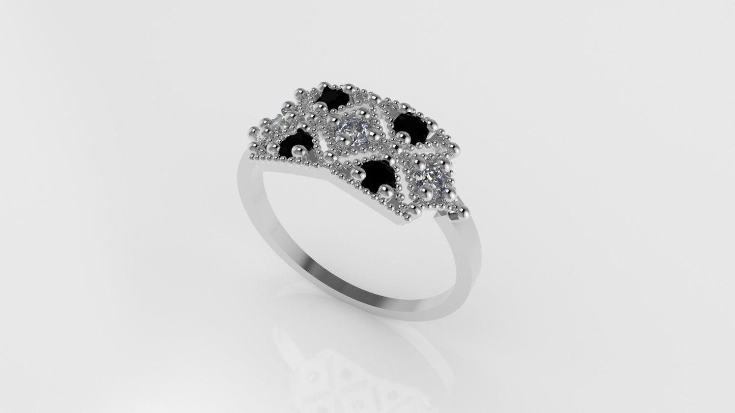 14K Ring with 4 BLACK DIAMONDS, 3 DIAMONDS, "Stt Prong" "FILIGREE"