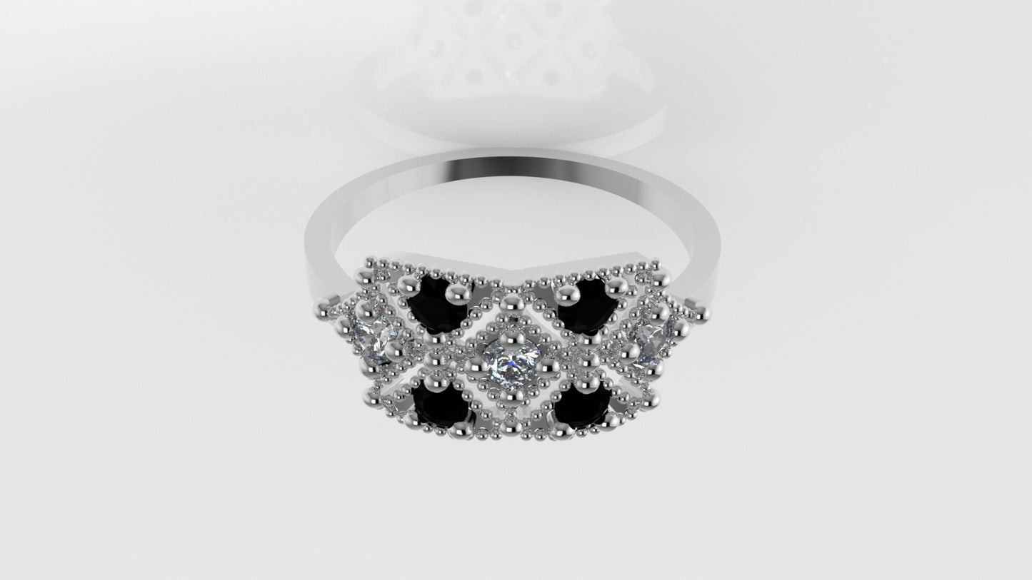 14K Ring with 4 BLACK DIAMONDS, 3 DIAMONDS, "Stt Prong" "FILIGREE"