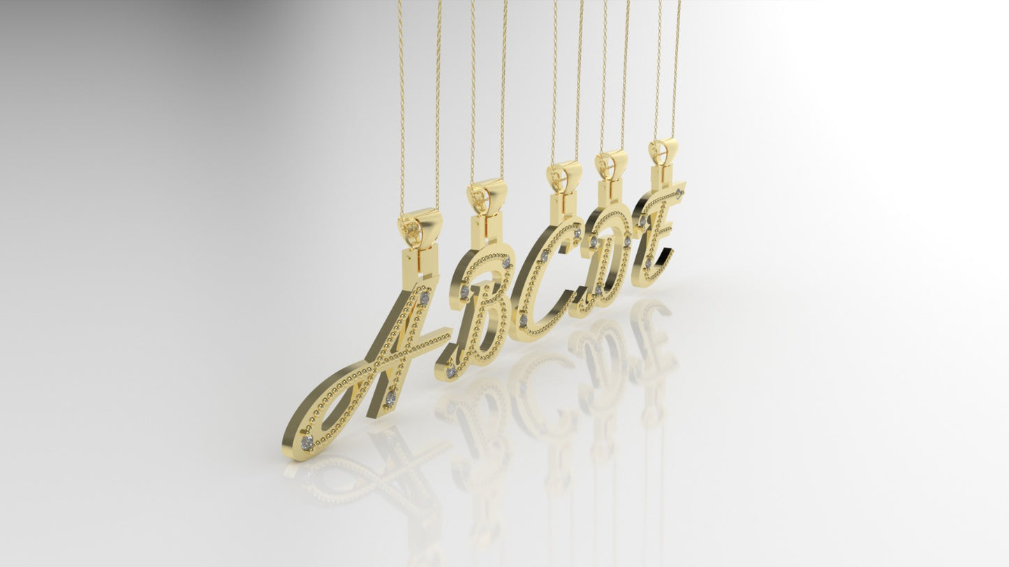 14K Gold Pendant, Alphabet Letters with 3 DIAMONDS 1.5mm VS1